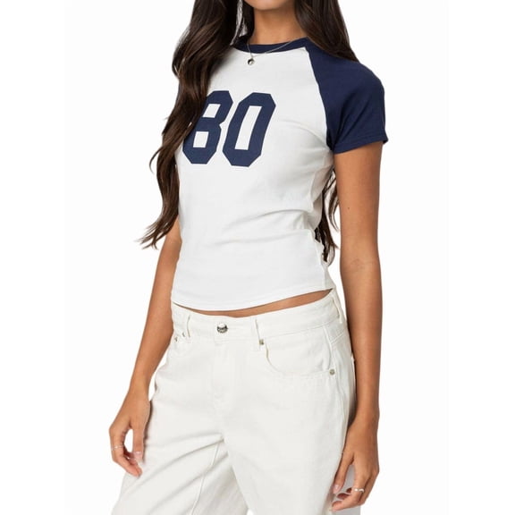 Gynyvoja Women Short Sleeve Jersey Crop Tops Y2k Graphic Tees Summer Teen Girls Crewneck Slim Fit T-Shirts S