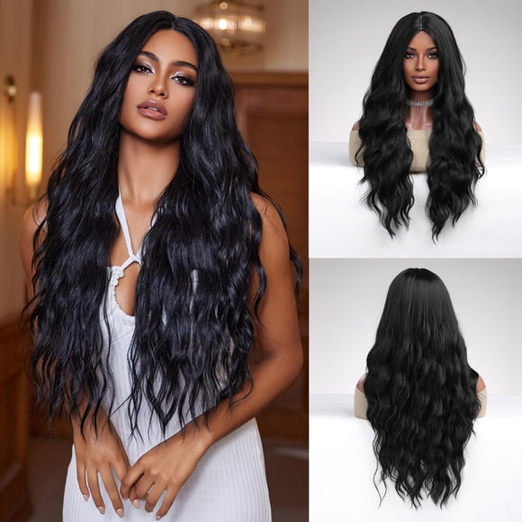 Esmee Long Wavy Black Wig for Women Natural Synthetic Hair Heat Resistant Wigs Use-28 Inches