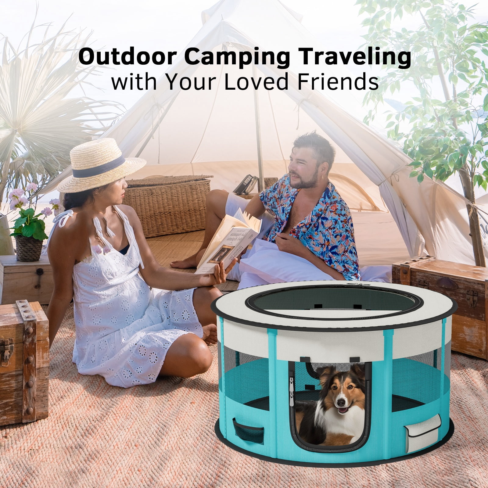 Dog Playpen, Puppy Pet Cat Playpen Indoor for Small Dogs, Dog Tent Crates Cage Indoor/Outdoor, Dog Kennel Playpen with Carrying Case for Dogs/Cats/Rabbits,2 Doors & Zipper Top