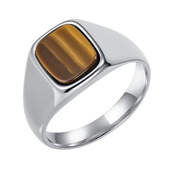 PAMTIER Men's and Women's Stainless Steel Creative Minimalist Polished Square Brown Gemstone Ring Silver Size 12
