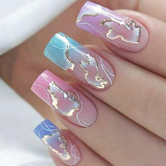 Press on Nails Medium Square, Colorful Gradient Artificial Acrylic Fake Nails with Marbling Design Full Cover Reusable Glossy False Nails