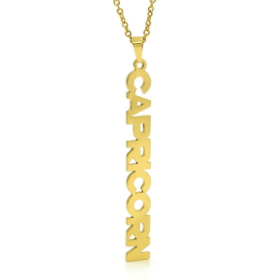 Stainless Steel Yellow Gold Plated Vertical Zodiac, Astrology, Horoscope, Constellation Pendant Mens Womens Necklace, Free Micro Fiber Cloth, Giorgio Bergamo Capricorn