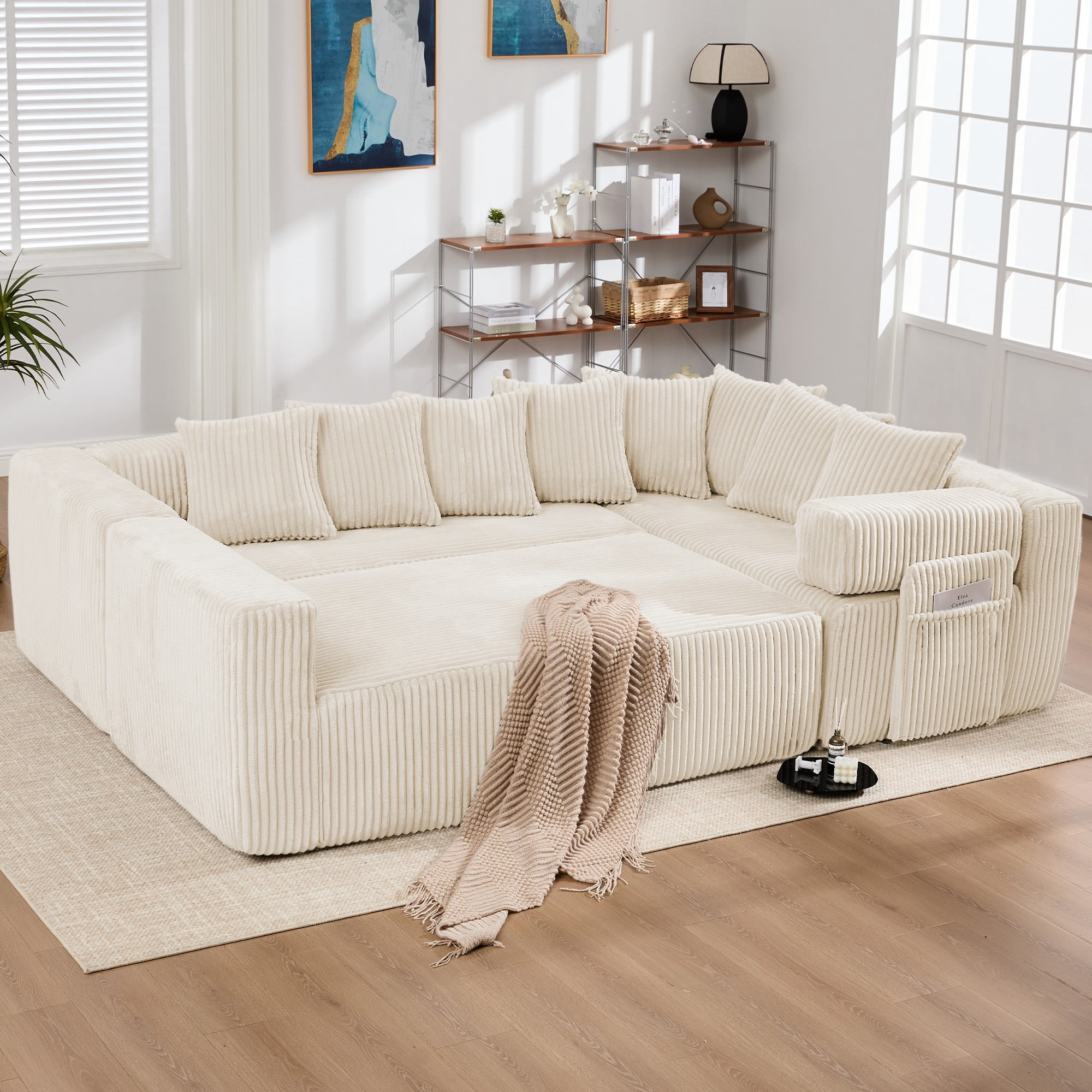 LLappuil 146" Sectional Sofa, U Shaped Sectional Couch with Chaise, 5 Seat Corduroy Sofa Convertible Sleeper Sofa Bed for Living Room Beige