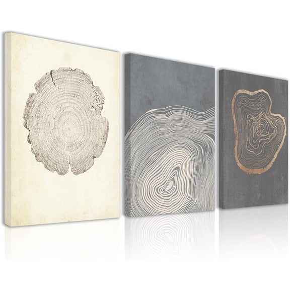 Canvas Tree Ring Wall Art, Pastel Gray Artwork, Minimalist Wall Art-12"x16"x3 Panels, Wood Spirals Nature Drawings Abstract Modern Print Wall Decor for Living Room, Bedroom, Office