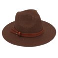 thumbnail image 1 of Sombrero de jazz para mujer de ala ancha, de piel sintética, con cinturón decorativo, sombrero de paja para la playa, tamaño ajustable, protección UV, plegable, sombrero de verano, 1 of 8