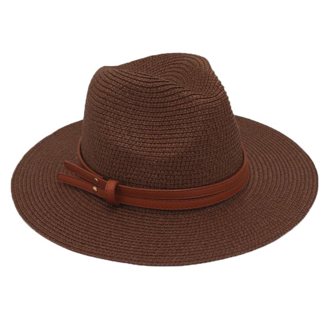 Sombrero de jazz para mujer de ala ancha, de piel sintética, con cinturón decorativo, sombrero de paja para la playa, tamaño ajustable, protección UV, plegable, sombrero de verano