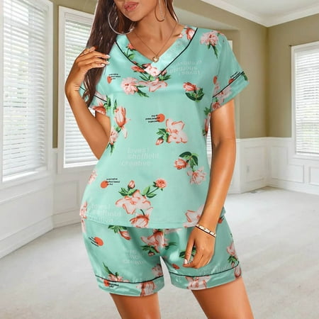 

Women Pajamas Set Satin Sleepwear Lingerie V Neck Shirt Shorts Nightwear Homewear Women Pajama Sets C L