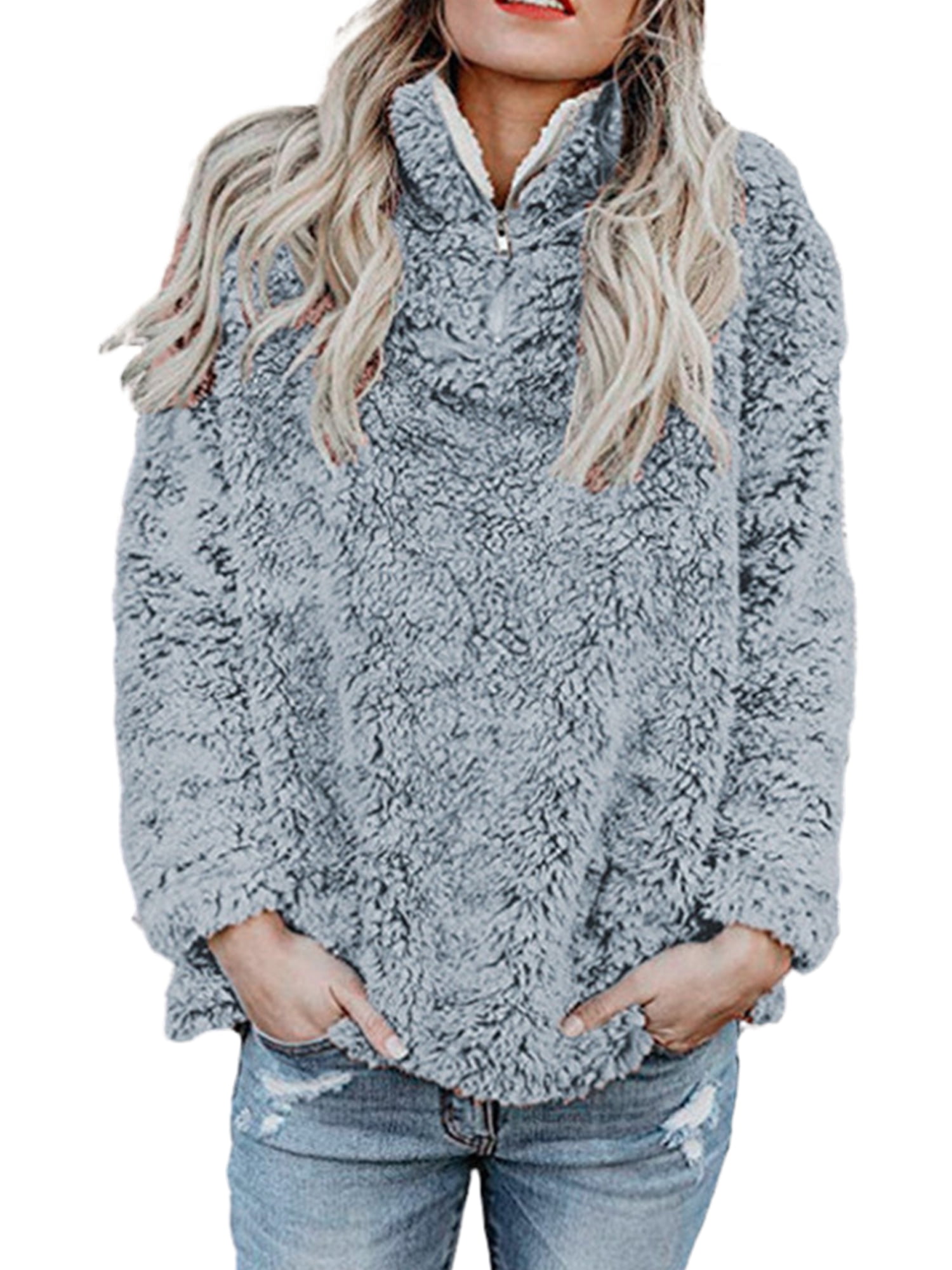 Frontwalk Womens Fuzzy Winter Tops Sherpa Pullover Sweatshirts Zipper ...