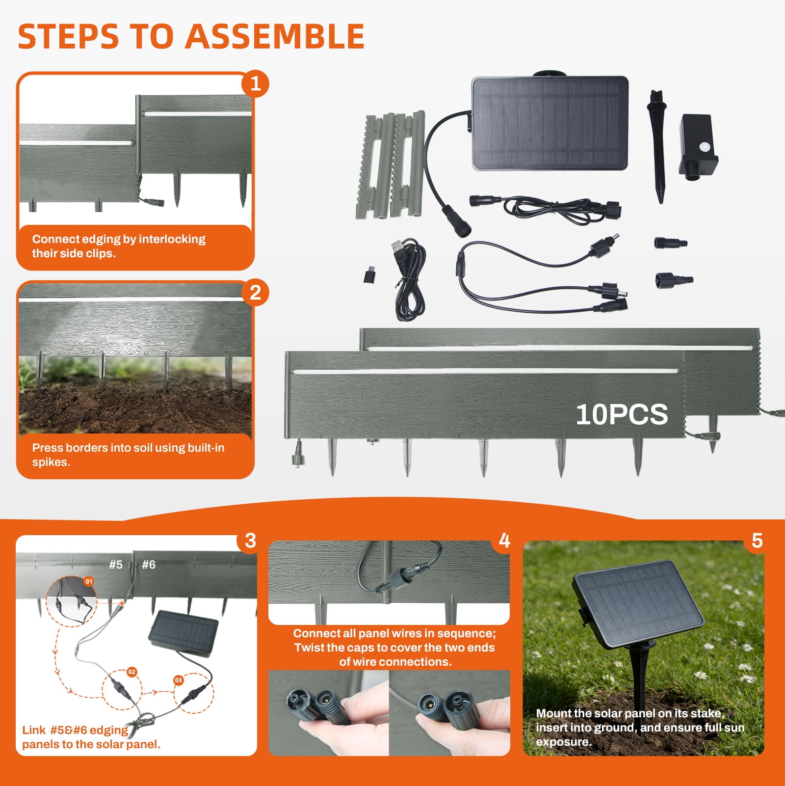 WATANIYA Dig-Free Garden Landscape Edging Border withh LED light,10 pack (Gray)