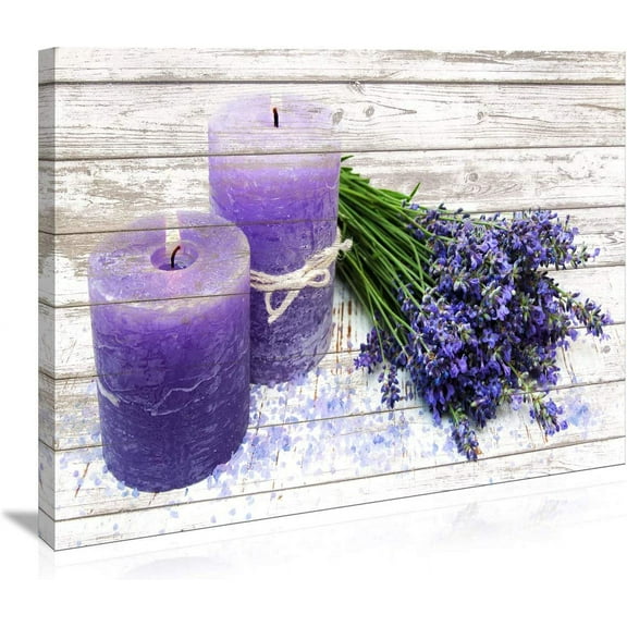 Canvas Wall Art for Bathroom Purple Candles and Lavender Flower Painting Pictures Print on Canvas prints Ready to Hang wall decor for living room bedroom Decoration Modern Home Decor Artwork