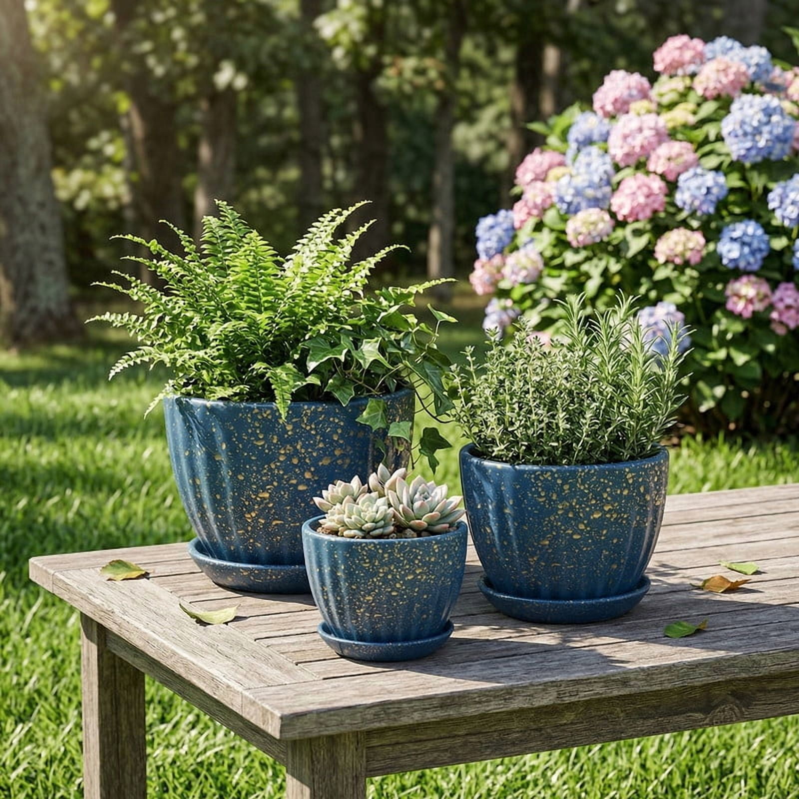 Ceramic Plant Pots with Drainage Holes and Saucers, Round Blue Flower Pots for Indoor Plant, Diameter 4.5/5.5/6.6 Inches Small Mini Flower Planters Set of 3