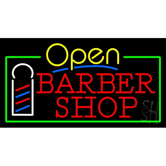 Yellow Open Red Barber Shop Green Border LED Neon Sign 20 x 37 - inches, Black Square Cut Acrylic Backing, with Dimmer - Bright and Premium built indoor LED Neon Sign for Defence Force.