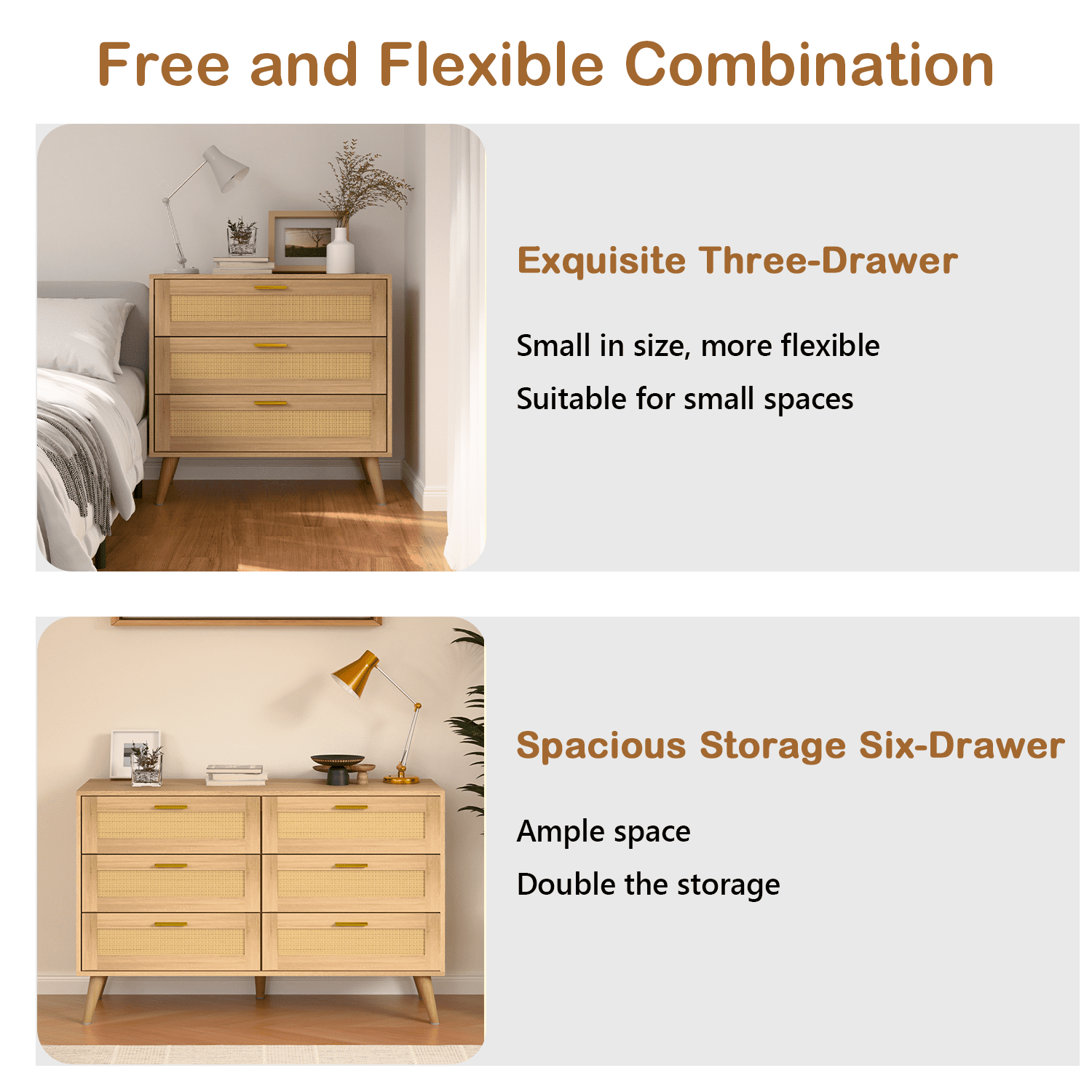 Waleaf 6 Drawer Dresser for Bedroom,Rattan Modern Closet Dressers Chest of Drawers,Beside Table for Entryway, Living Room, Hallway, Bedroom