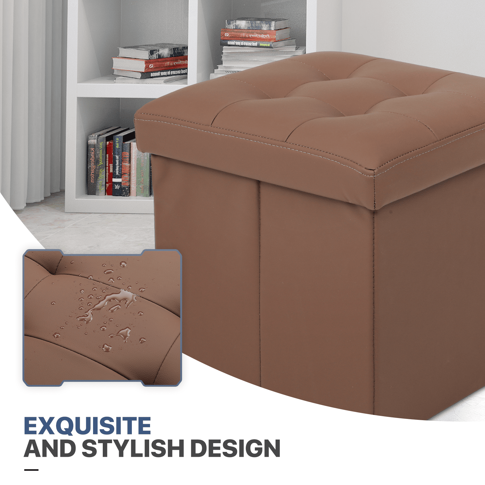 MoNiBloom 15" Cube Collapsible Ottoman with Storage, PU Leather Storage Ottoman Footrest, for Living Room Bedroom Entryway, Brown
