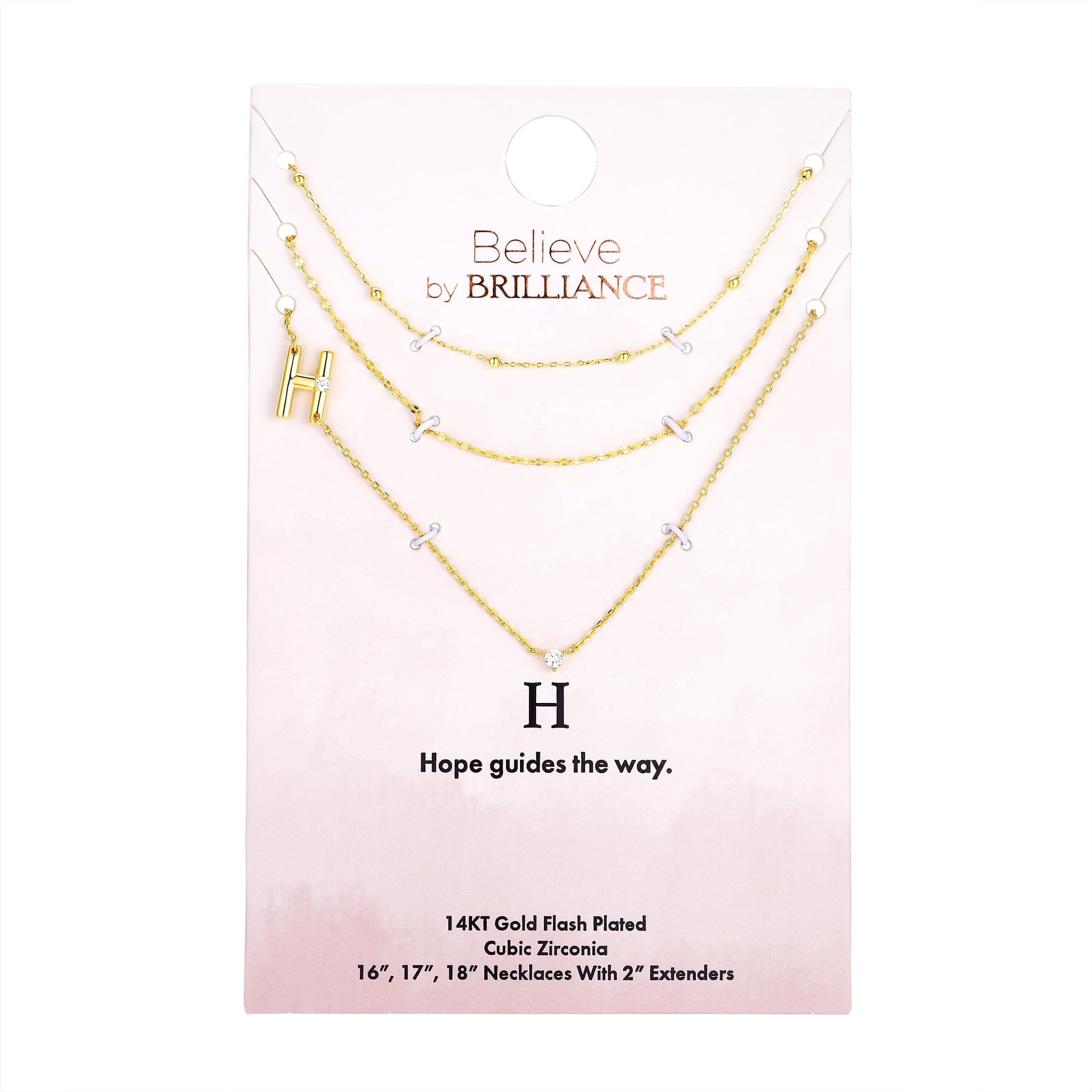 Believe by Brilliance H Triple Chain Initial Necklace Set in 14KT Gold Flash Plated Brass