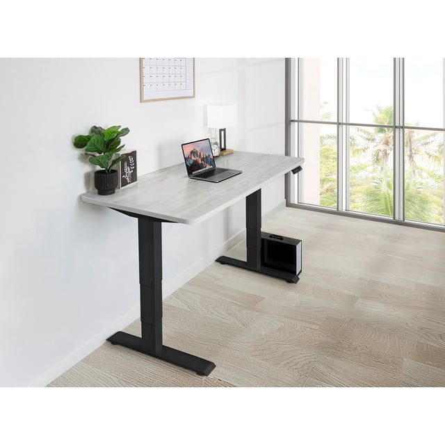 EFFYDESK Business Height Adjustable Home Office Computer Standing Desk with Cable Management Tray (59"×29") Oak White on Black Frame