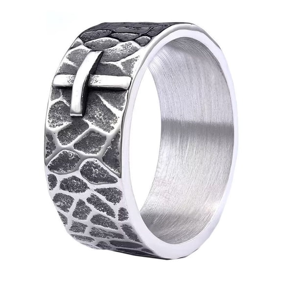 PAMTIER Men's Stainless Steel Vintage Simple Hammered Cross Ring Silver Size 7