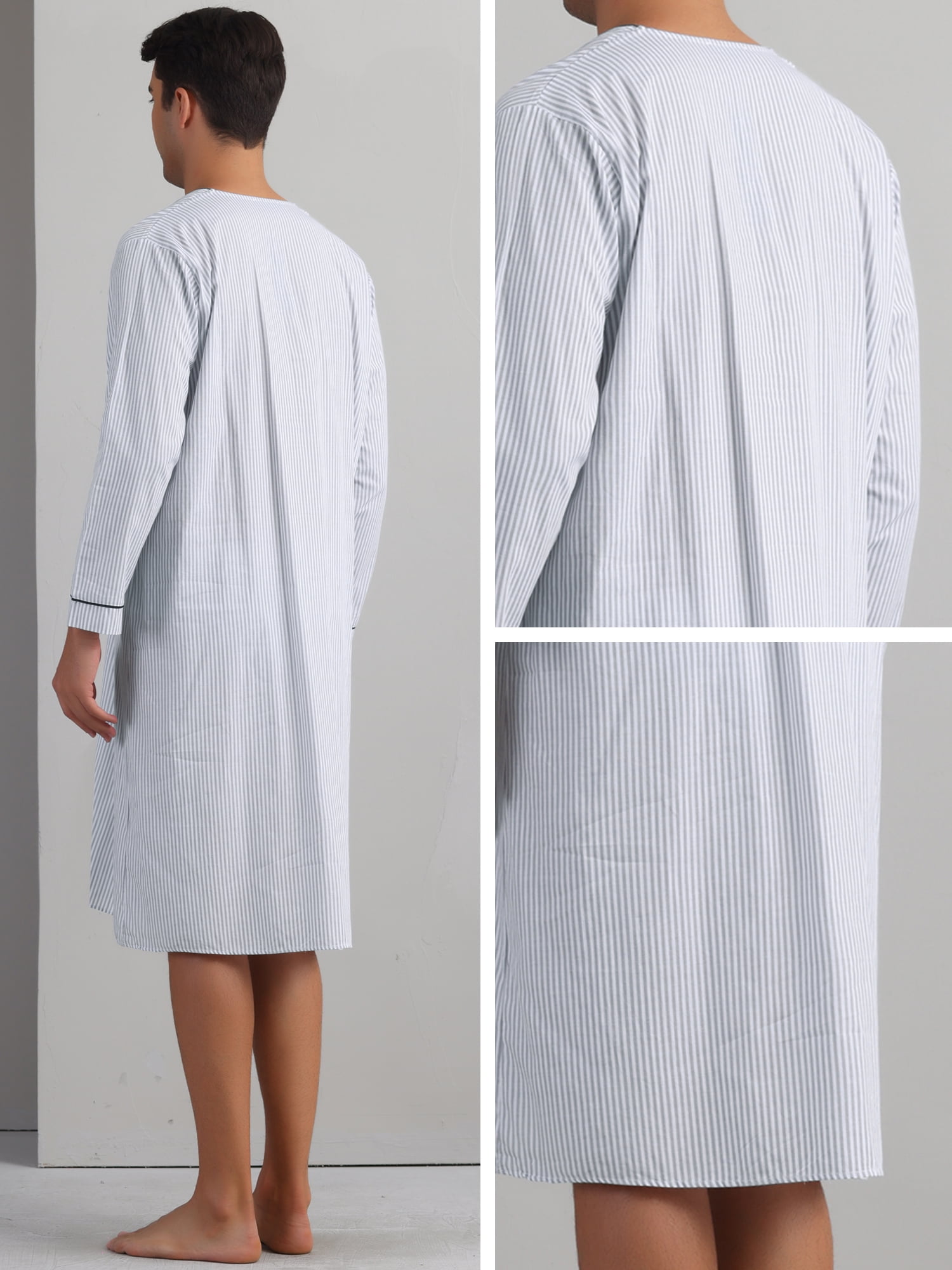 DARING DIVA Men's Striped V-Neck Button Front Long Sleeve Comfortable Nightshirt M Light Gray