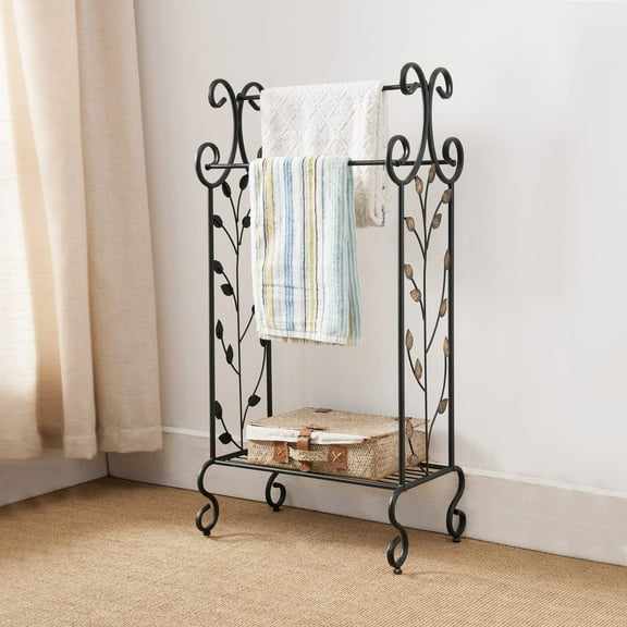 Kings Brand Furniture Metal with Gold Leaf Towel Rack Stand with Shelf, Black