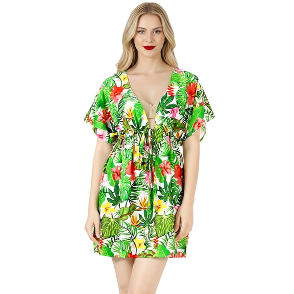 LA LEELA Women's Beachwear Summer Swim Beach Dress Cover ups for Swimwear Women Short Fall Swimsuit Coverups for Women Tops for Women XL-XXL Snow, Floral