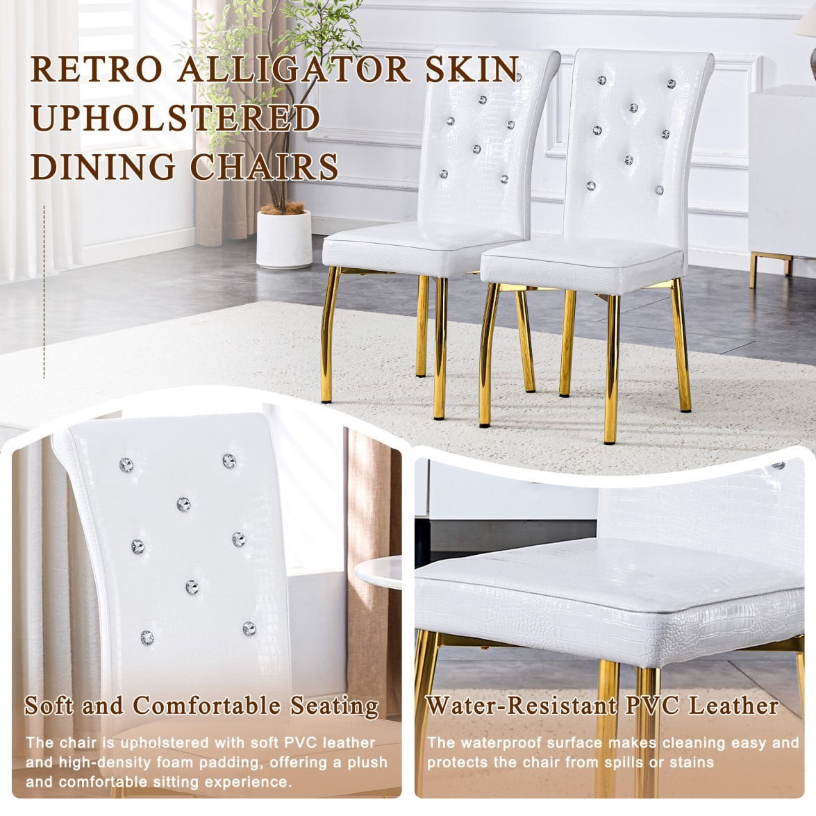 Set of 2 Retro Dining Chairs, Faux Alligator-Textured PVC Leather Upholstered Chairs with Crystal Button Details & G