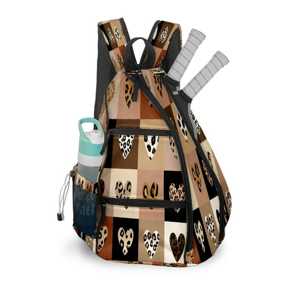 Pickleball Bag with Padded Back, Heart Leopard Multicolor Multi-Compartment Paddle Backpack, Lightweight Nylon Sports Bag for Men & Women