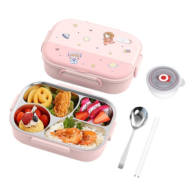 Batería de Cocina Fiambrera 1550ml Kids On-the-Go de acero inoxidable para viajes escolares (4 rejillas rosas) Tmvgtek Libre de BPA