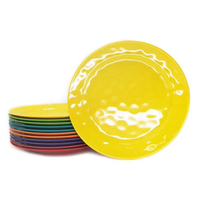 Kx-Ware Juego de platos de melamina - 10 pulgadas, 12 piezas, platos llanos 100% melamina para uso diario, resistentes a roturas y livianos, multicolor