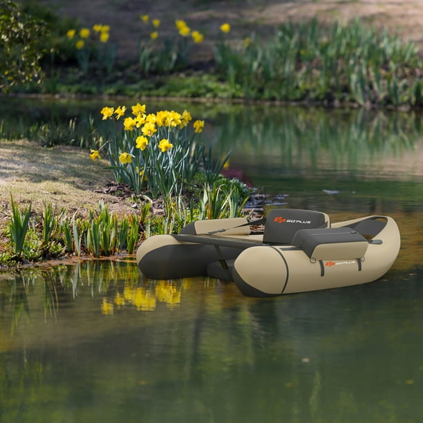 Goplus Inflatable Fishing Float Tube w/Pump & Storage Pockets & Fish Ruler  Beige