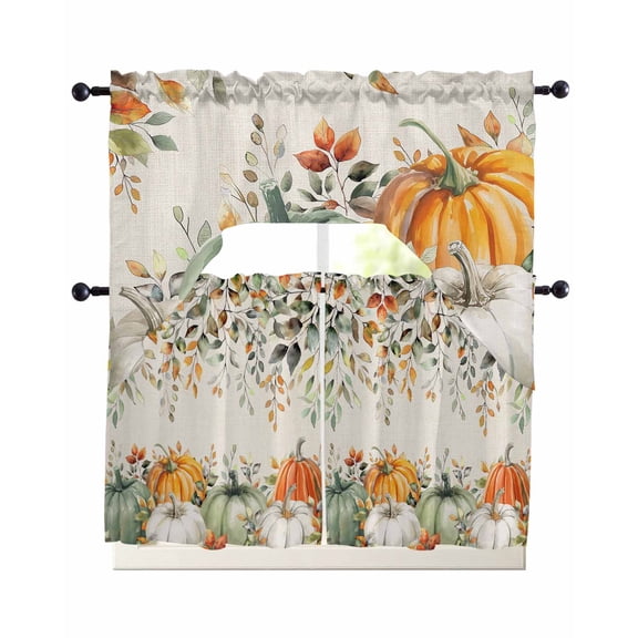 Sage Green Pumpkin Kitchen Curtains Sets 24 Inch Length with Valance, Orange Eucalyptus Leaves Thanksgiving Swag Valances and Tiers Curtain Set Drapes Swag Curtains for Living Room, Bathroom, Bedroom