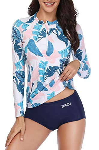 Daci Women Rash Guard Long Sleeve Zipper Boy Shorts Swimsuit UPF 50 Bathing Suit 