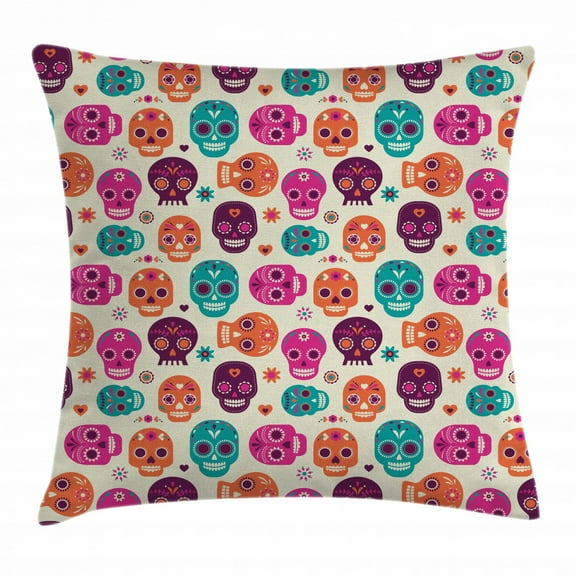 Sugar Skull Decor Throw Pillow Cushion Cover, Cute Colorful Skull Silhouettes Hearts and Flowers Carnival Celebration, Decorative Square Accent Pillow Case, 18 X 18 Inches, Multicolor, by Ambesonne