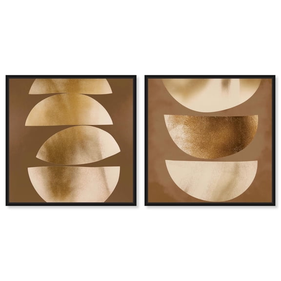 Gold Crescents Diptych Canvas Print Beige Wall Decor Set by Art Remedy, Black Frame, 12 x 12