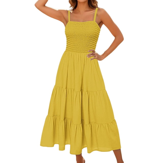 Mgmyaa Robes Smockées pour Femmes Col Carré Dos Bas Robes Élégantes à Volants Boho Sans Manches Fluide Été Décontracté Longue Robe d'Été