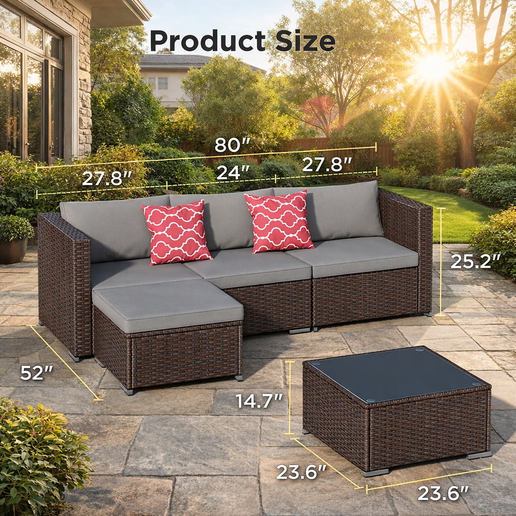 Aiho All-Weather 5 Pieces Outdoor Sectional Sofa with PE Rattan, Outdoor Patio Furniture Set with Soft Cushions and Coffee Table, For Backyard, Porch, Balcony, Poolside, Garden, Patio-Gray