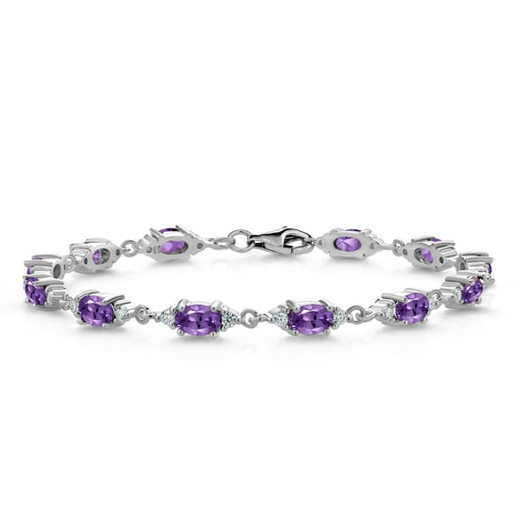 Gem Stone King 925 Sterling Silver Purple Amethyst and White Moissanite Tennis Bracelet for Women (6.31 Cttw, Gemstone Birthstone, Oval 6X4MM, 7.5 inch)