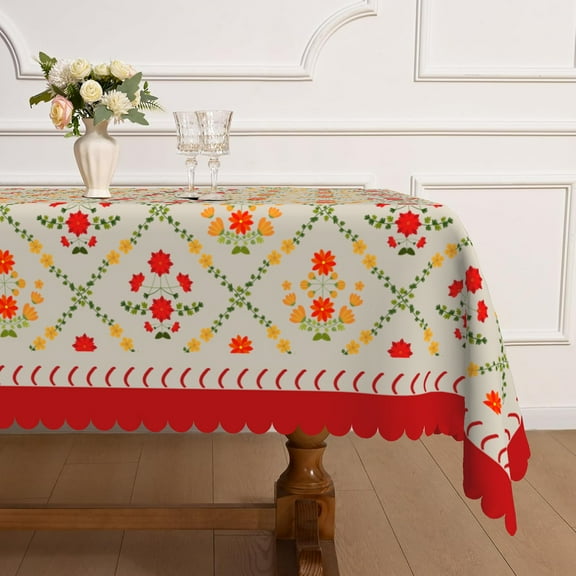 MIZHONA Red Floral Tablecloth Rectangle,Vintage Table Cloth for Kitchen Dinner Decor,60"x84"