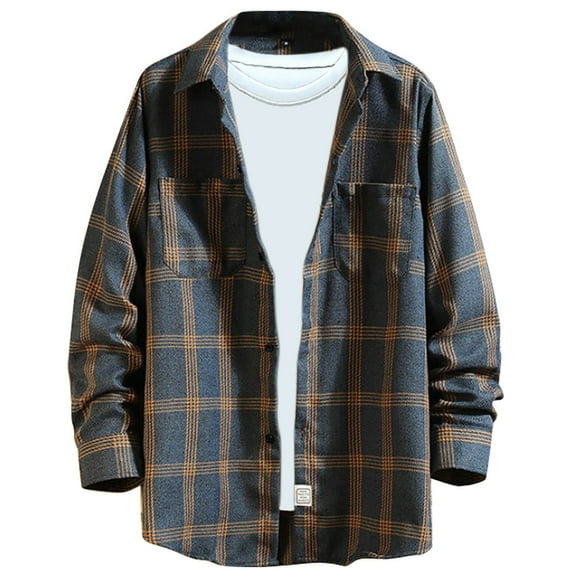 USNSM Men's Flannel Shirts Long Sleeve Cotton Plaid Shirt Jacket Plus Size Casual Turndown Collar Button Down Shirt with Pockets Blue L