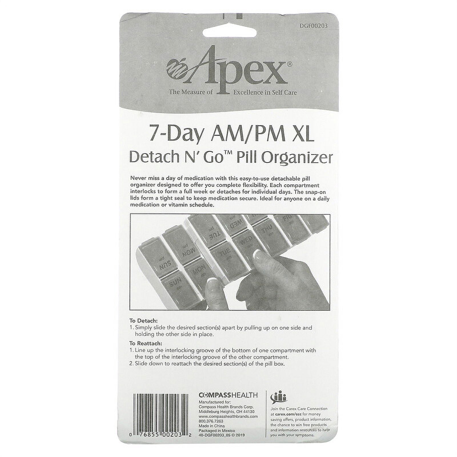 Apex, 7-Day AM/PM XL, Detach N' Go Pill Organizer, 1 Pill Organizer Pack of 2