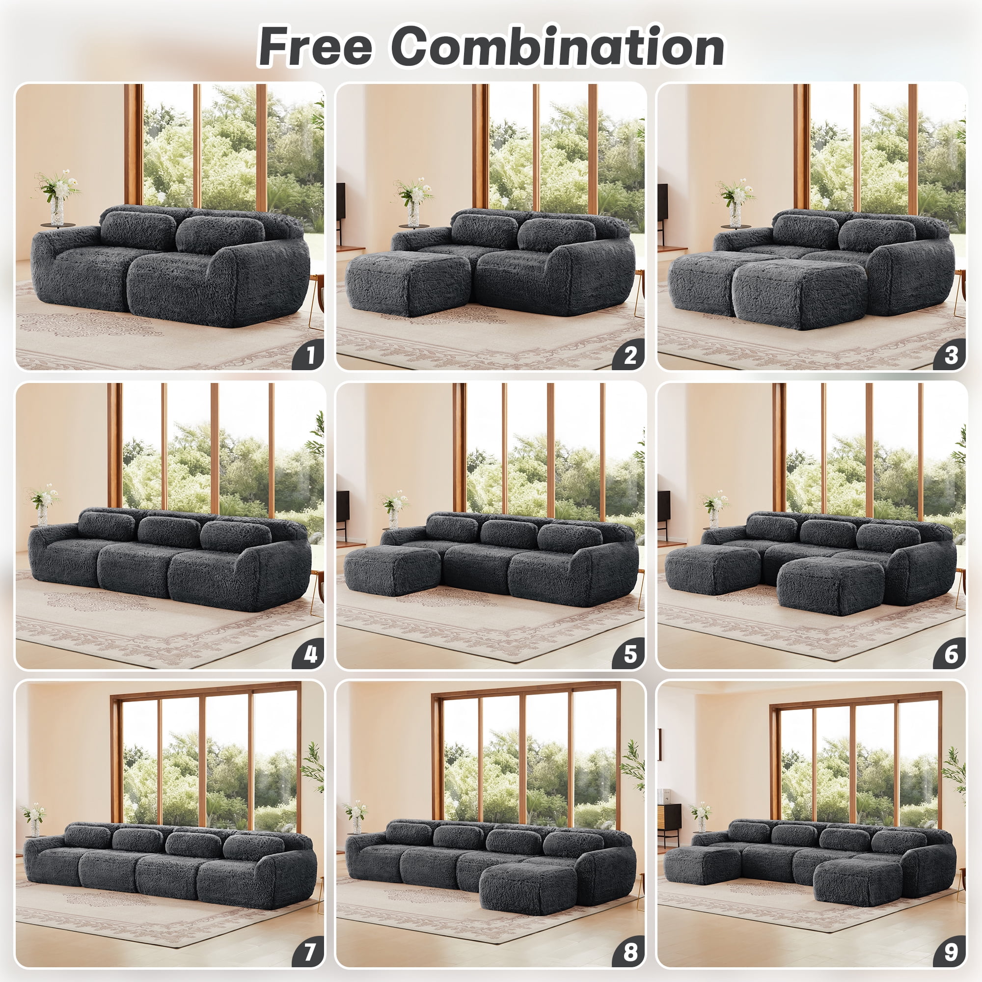 MAYEERTY 149" Plush Boneless Sofa, Gray 32D Foam Ergonomic Vacuum Compression Buckle Connection Free Combination Couch for Bedroom Study