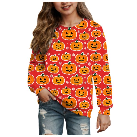 Staki Toddler Halloween Outfit Toddler Halloween Sweatshirt Girls Print Graphic Tees Kids Long Sleeve Outfit Tops(Red,1-2Years)
