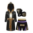 thumbnail image 1 of LiiYii Boys 3 Piece Boxing Tracksuit Halloween Cosplay Costume Satin Robe with Shorts Punching Exercise Gloves Set Light Purple&Gold 6, 1 of 7