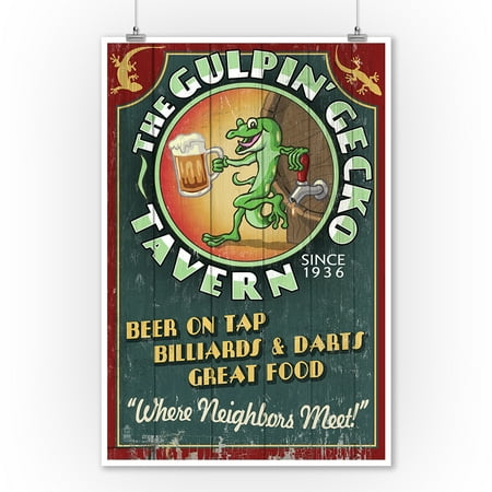Gecko Wall Art Outdoor Gecko Tavern - Vintage Sign - Lantern Press Artwork (9x12 Art Print, Wall Decor Travel Poster) ()