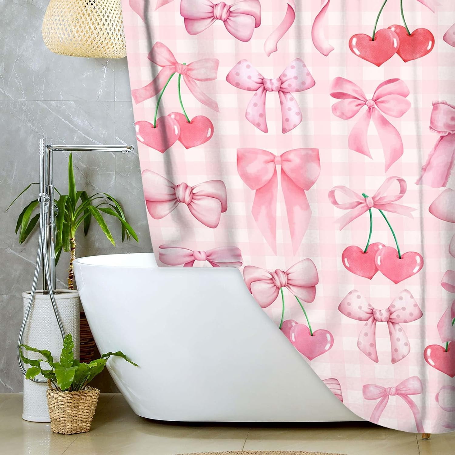 Cute Pink Shower Curtain Modern Aesthetic Coquette Bow Pretty Bathroom Decor for Girls Teens Fabric Waterproof Polyester Bathroom Decor Set with Hooks,60X72