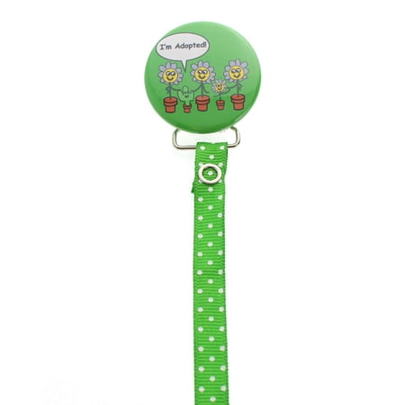Green & White Polka Dot Im Adopted Pacifier Clip