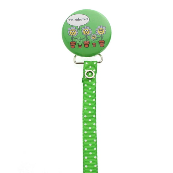 Green & White Polka Dot Im Adopted Pacifier Clip