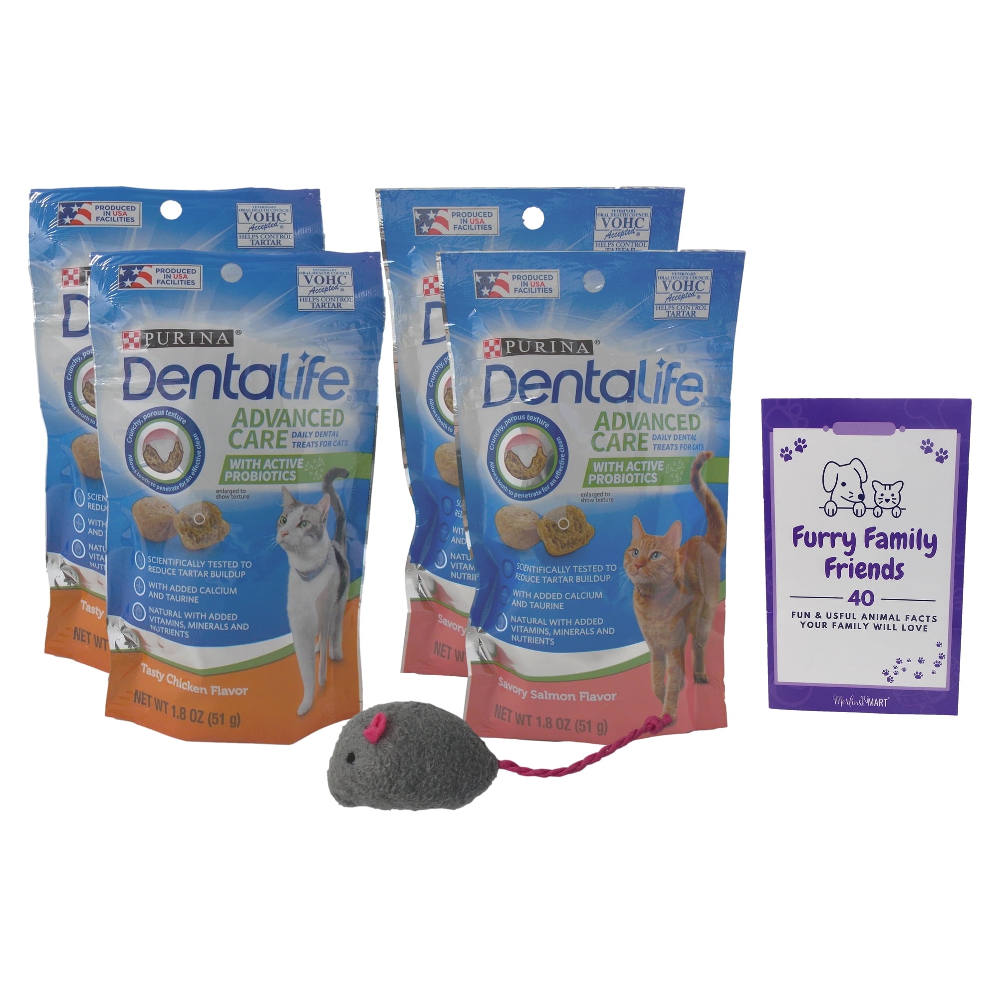 Purina Dentalife Dental Cat Treats 2 Flavor 4 Pouch Variety 2 Each: Tasty Chicken, Savory Salmon + MerlinsMart Zine | Catnip Toy