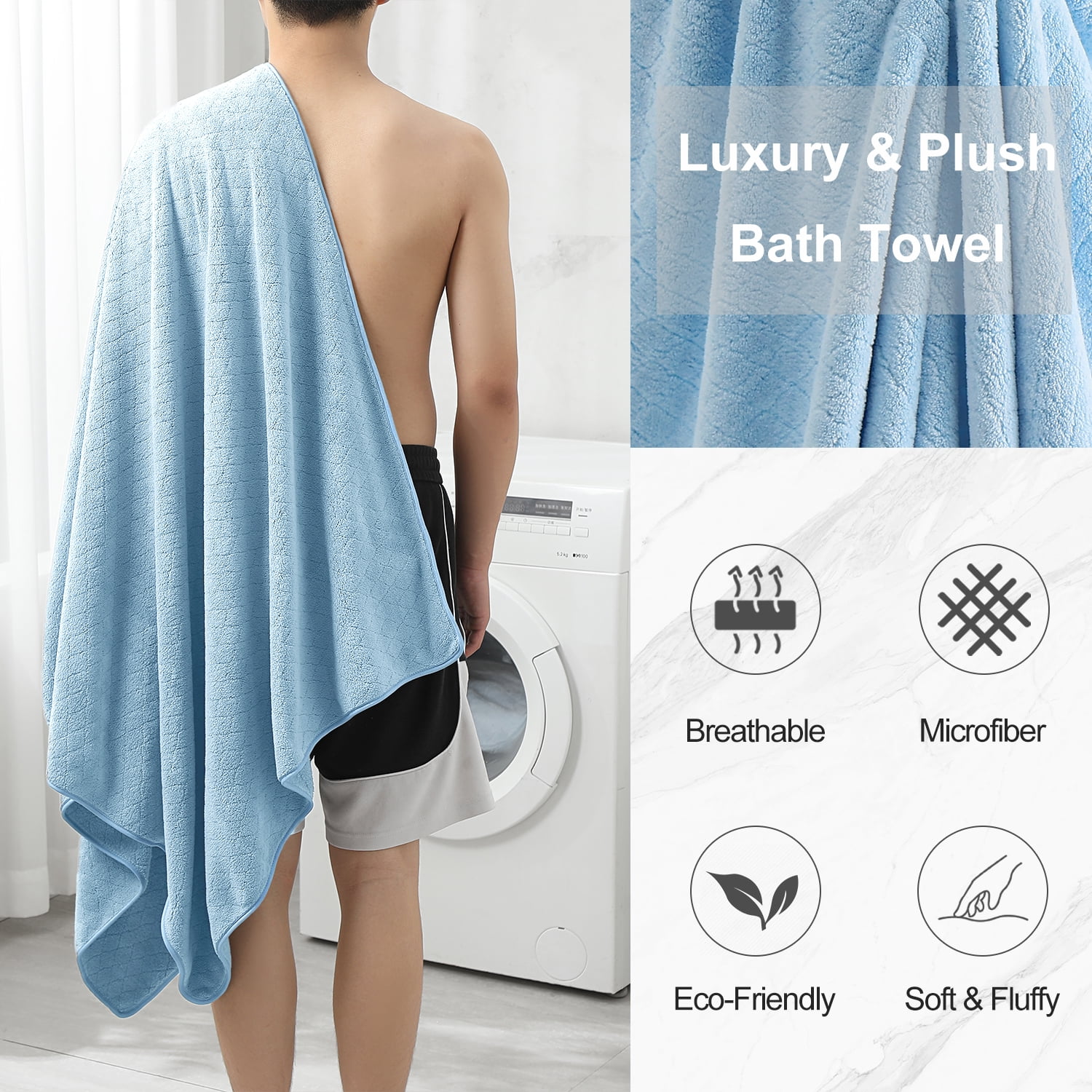 Smuge 18 pcs Bath Towel Sets, Include 6 Bath Sheet Towels, 6 Hand Towels, 6 Washcloths, Soft Microfiber Highly Absorbent Shower Towel for Bathroom Gym Spa(Blue)