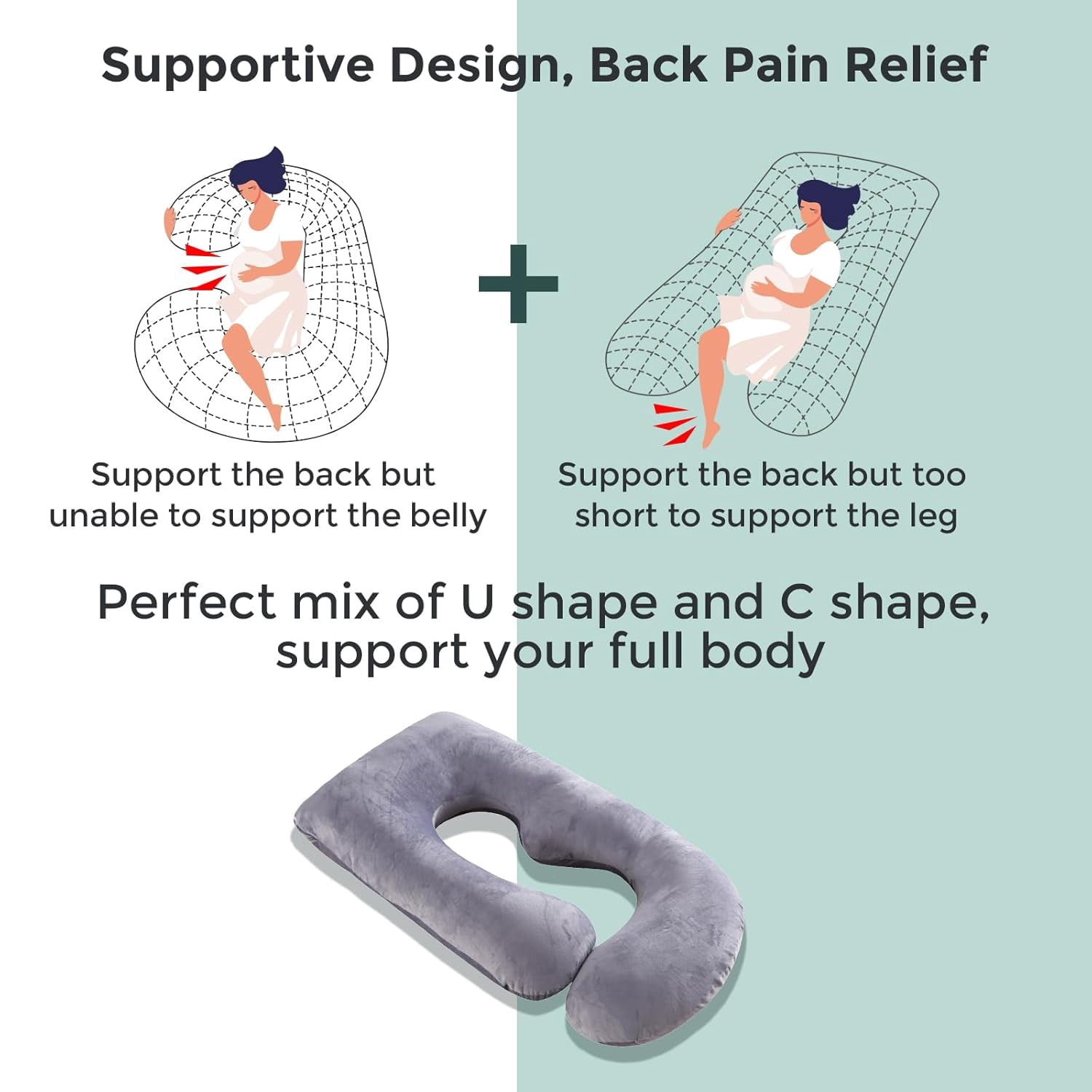 Sleep pillow, U-shaped full body with removable washable cover - back, leg, and abdominal support