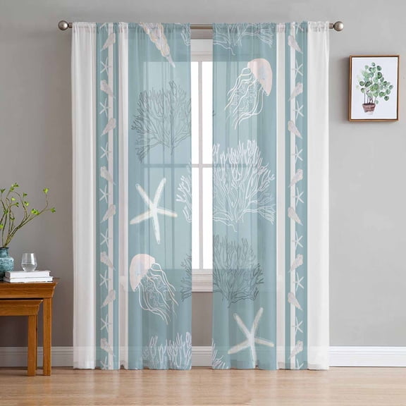 Blue Coastal Sheer Curtains 63 Inch Length 2 Panels Set for Living Room/Bedroom, Nautical Beach Summer Sea Starfish Coral Curtain Sheers Drapes Rod Pocket Curtains Window Treatment Set 52''x63''x2